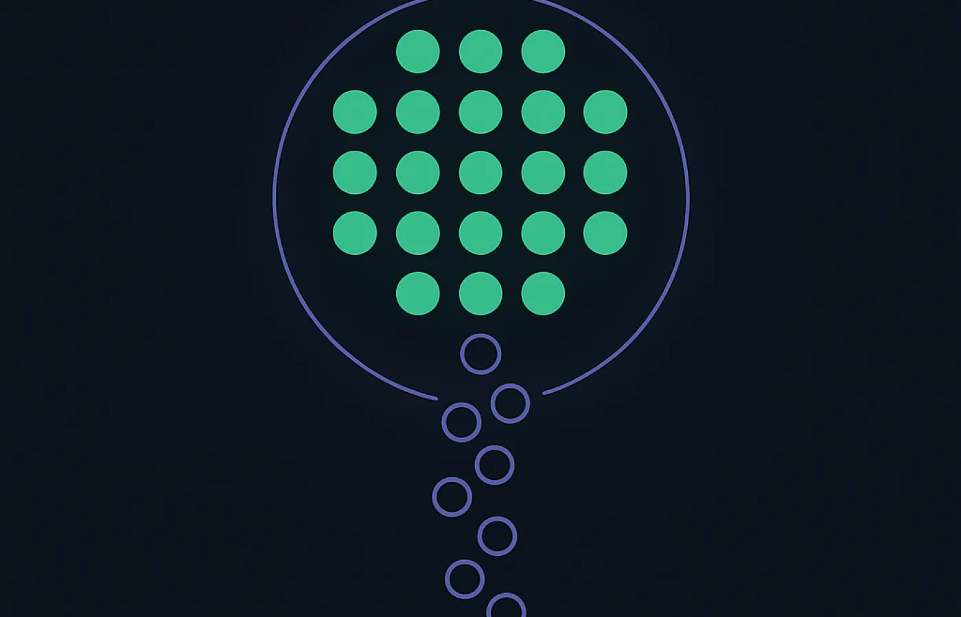 A circle of dots with hollow outlines drifting out through a gap at the bottom into a small tray
