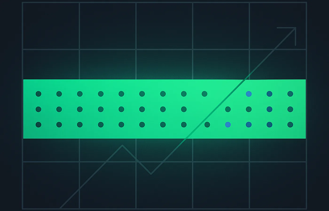 A grid where the lit band covers an unusually large share of the rows with evenly spread dots
