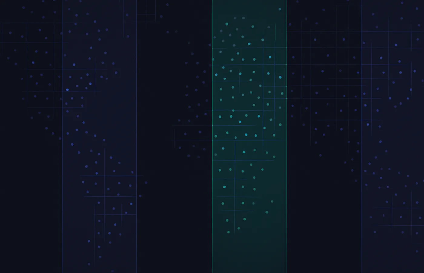 A wide grid crossed by four vertical bands of differing brightness with one lit green