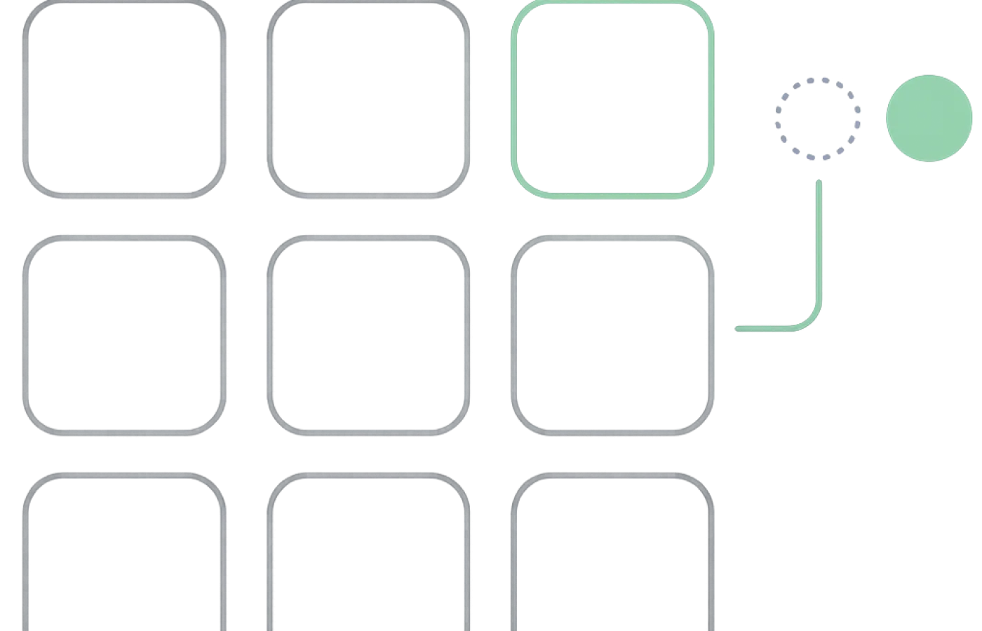 A grid of blank square posts with one lifted forward, next to a solid badge and a hollow one
