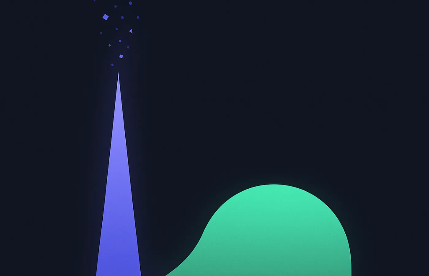 A tall spike dissolving into scattered particles beside a lower solid mound that holds its shape