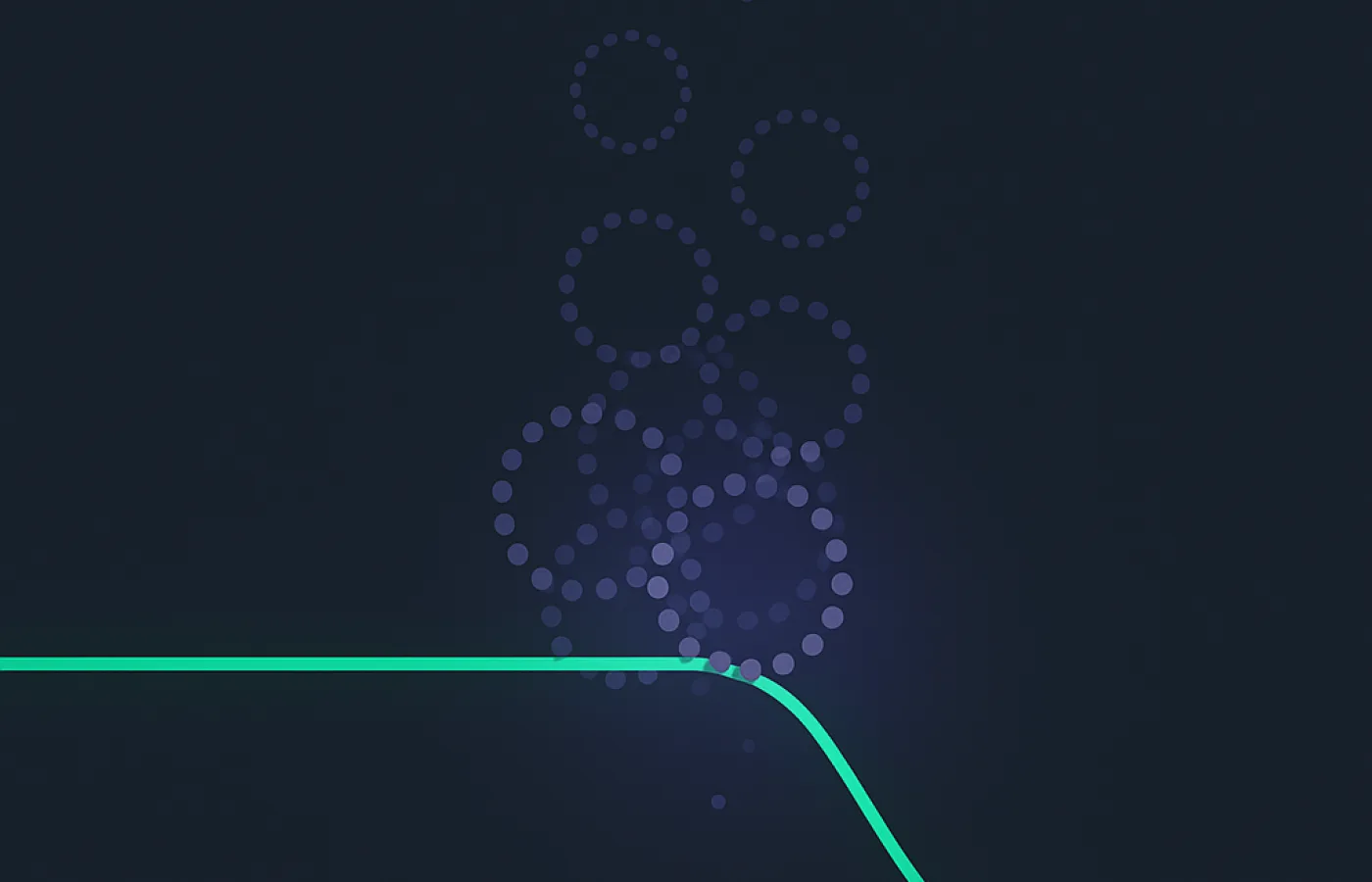 A steady line meeting a dense cluster of hollow dots dropped onto it, bending downward afterwards