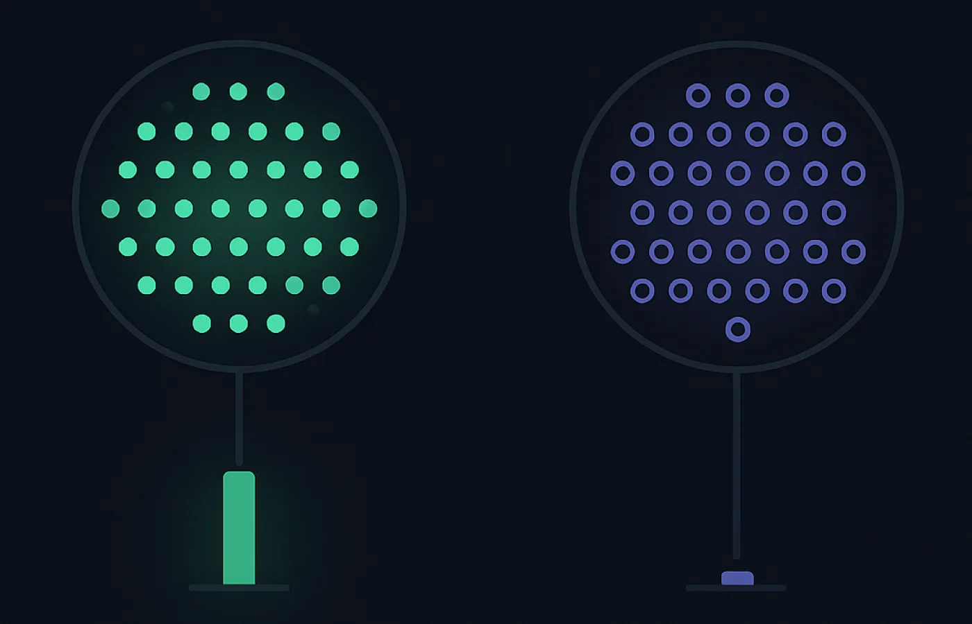 Two identical circles, one full of solid dots and one full of hollow outlines, with very different bars beneath