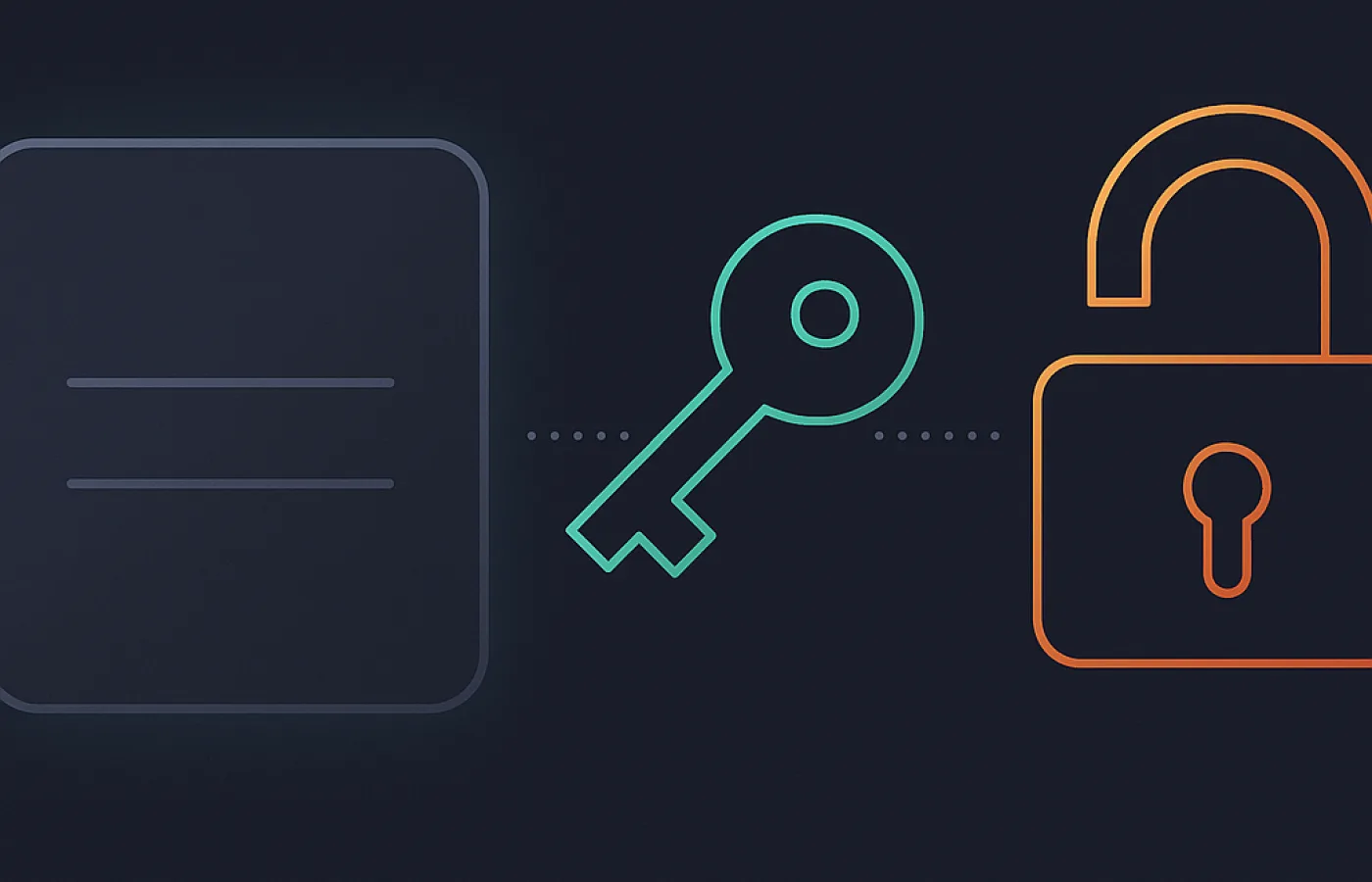 A blank form panel with a key floating toward it, redrawn beyond the panel as an open padlock
