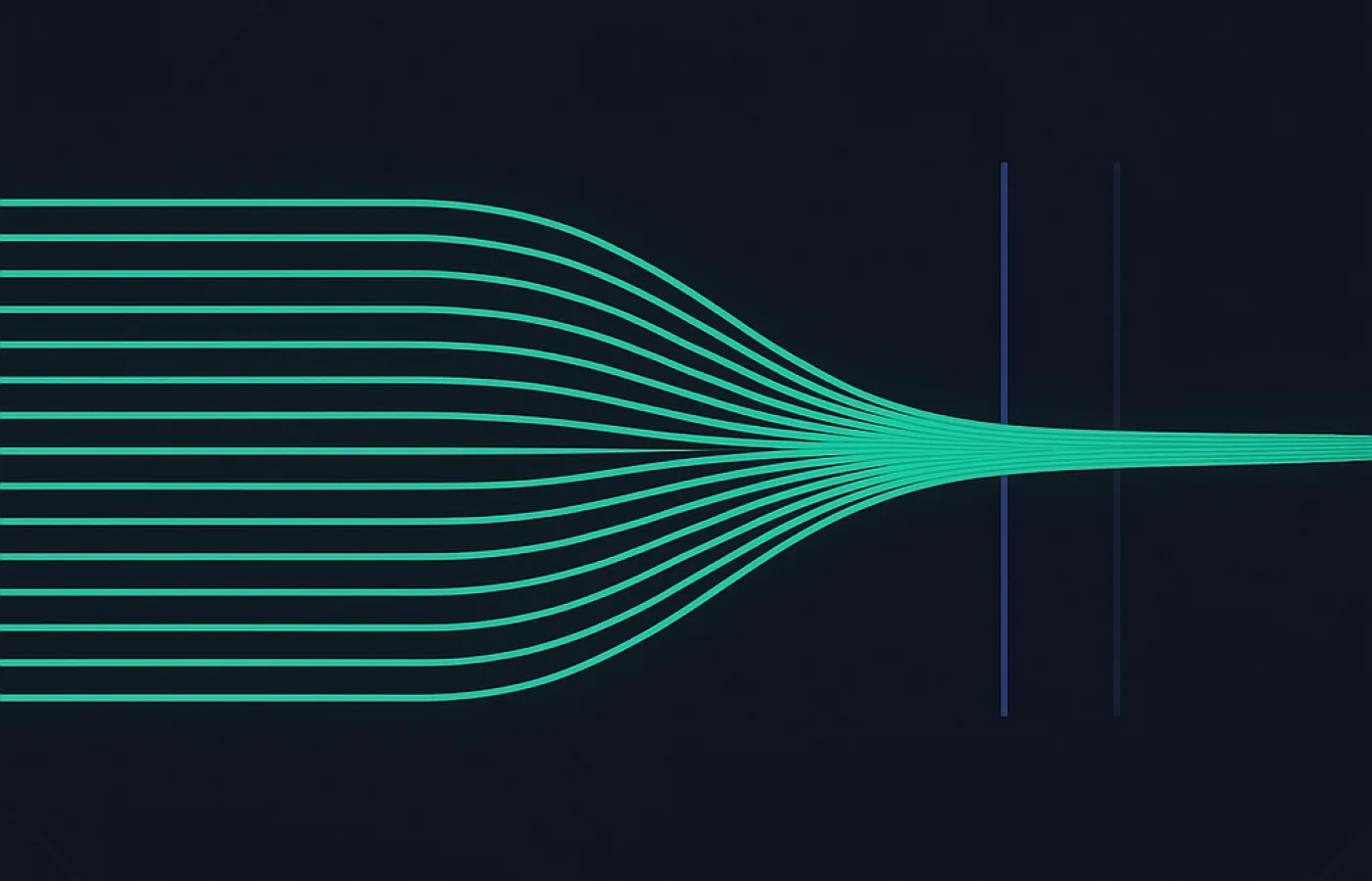 A wide band of parallel lines tapering steadily into a very thin band with two marker lines at the narrowings
