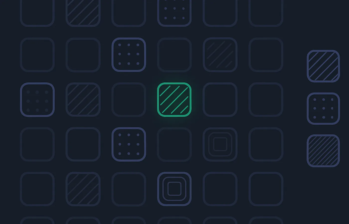 A thirty square grid where the filled squares alternate between four fill patterns
