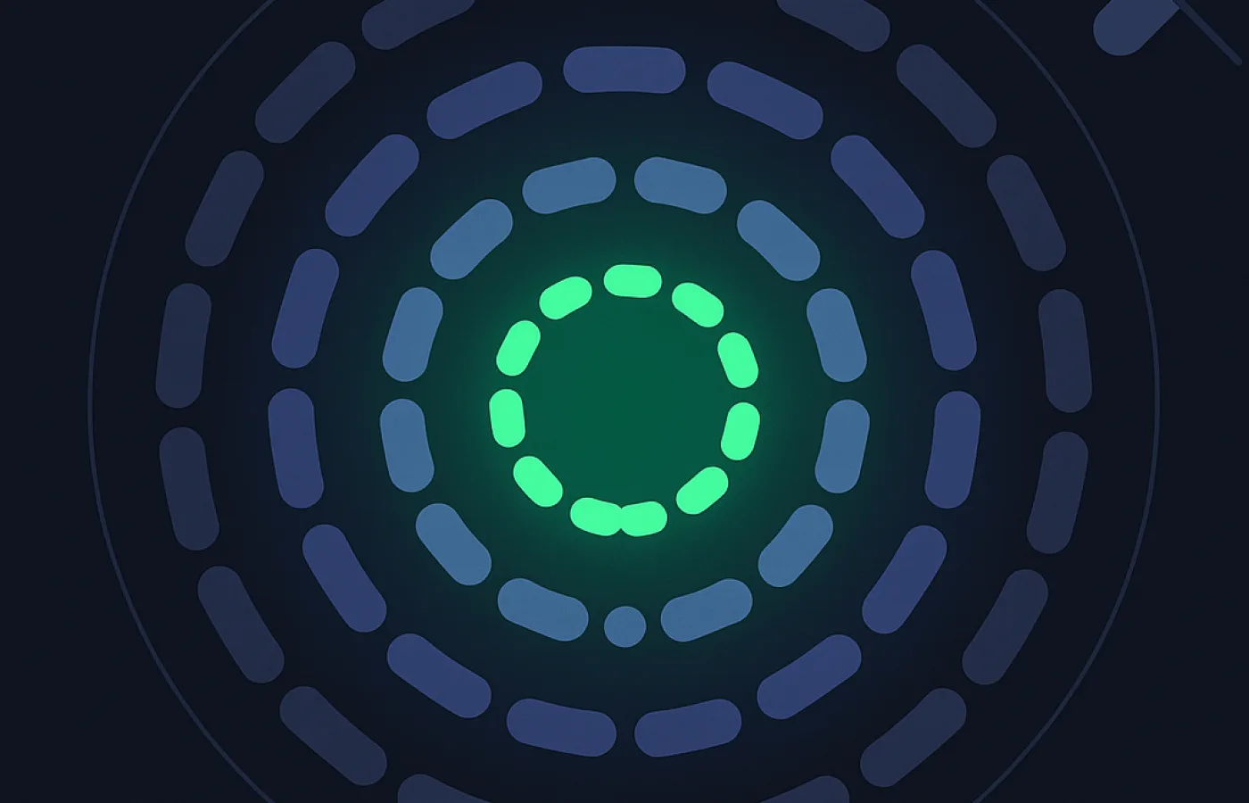 Three concentric rings of pill shapes from large and dim to small and bright